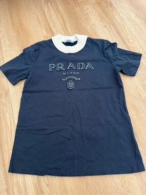Prada Navy Short Sleeve Kids Tee with White Ribbed Collar